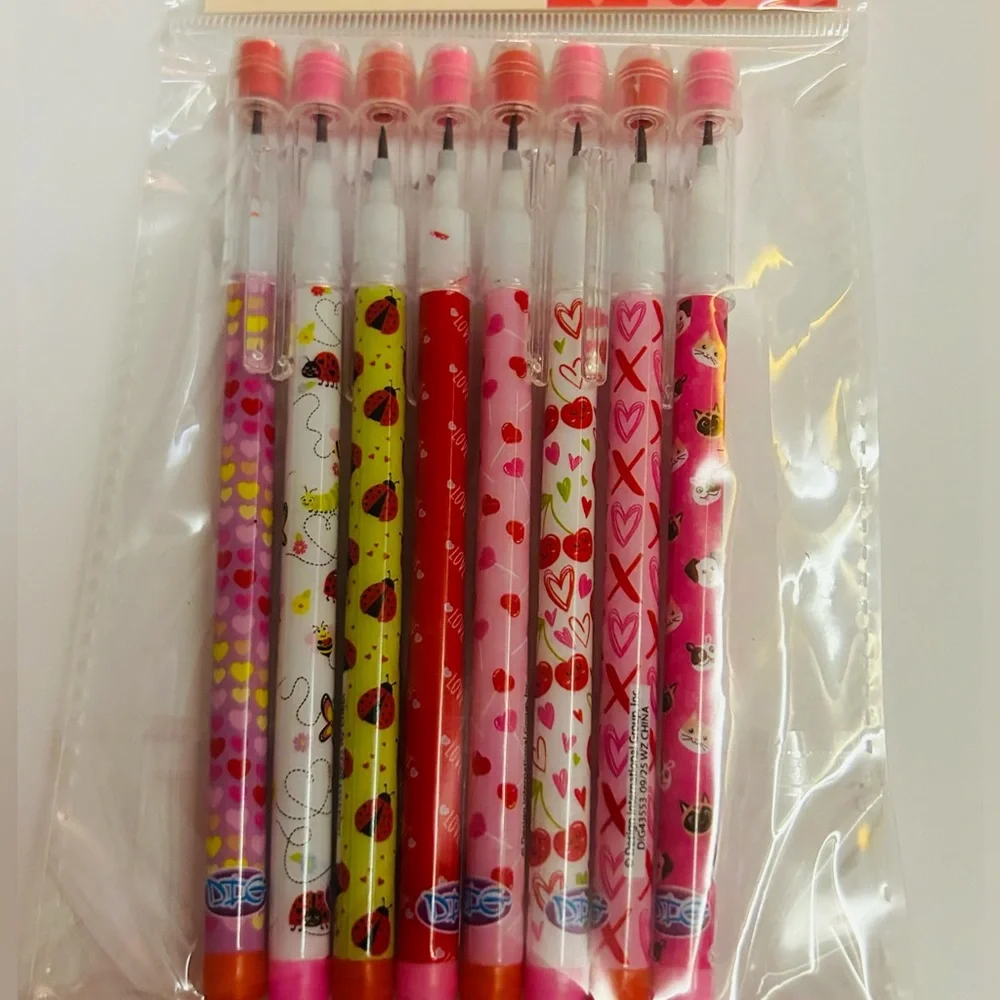 New Joyward Push Pencils 8 Pack Erasers Red White Pink Hearts Ladybugs
